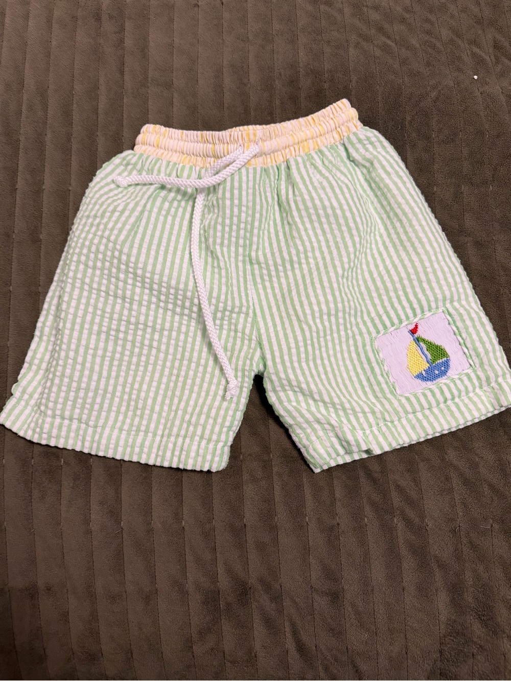 Kids Green Seersucker Swim Trunks with Sailboat Patch